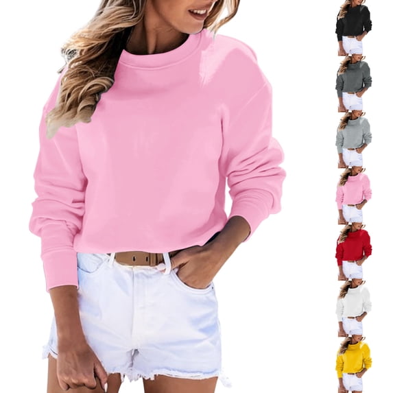 GPOECD Womens Sweatshirt Autumn Winter O Neck Solid Color Long Sleeve Pullover Top Casual Style Sweatshirts for Women,Pink,M