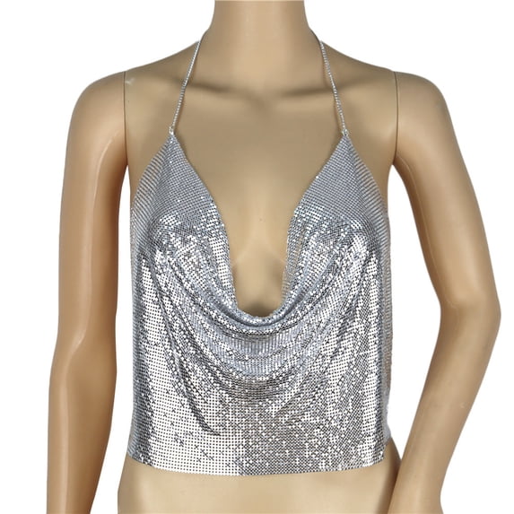 GPOECD Womens Tank Top V-neck Backless Chain Sequined Sleeveless Vest Top Satin Camisole Tops for Women Silver,One Size