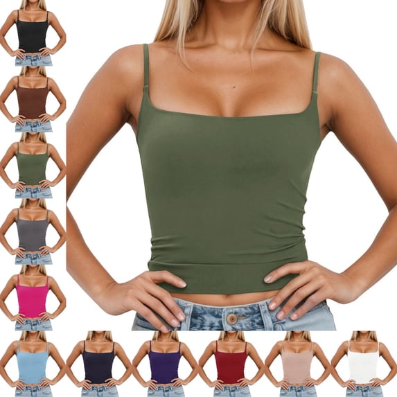 GPOECD Womens Tank Tops with Built in Bra Slim Fit Removable Padded Adjustable Spaghetti Strap Layering Satin Camisole Tops for Women 01_Green,M