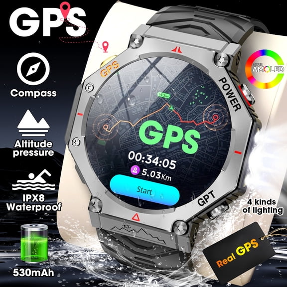 GPS & GPT Smart Watch, AMOLED Ultra-Clear Screen, Wireless Call, 100+ Sports Modes, Calorie/Step Tracker, Apple & Android Compatible, Festival Gift