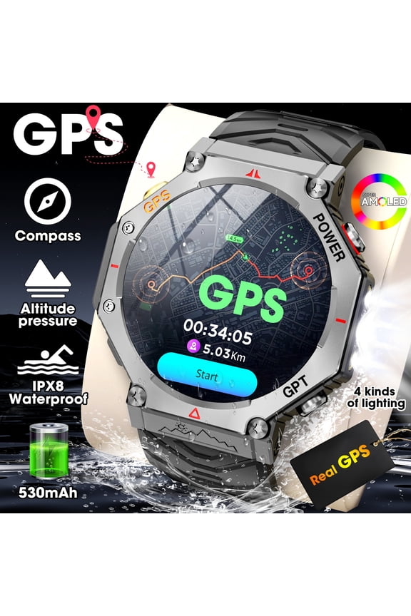 GPS & GPT Smart Watch, AMOLED Ultra-Clear Screen, Wireless Call, 100+ Sports Modes, Calorie/Step Tracker, Apple & Android Compatible, Festival Gift