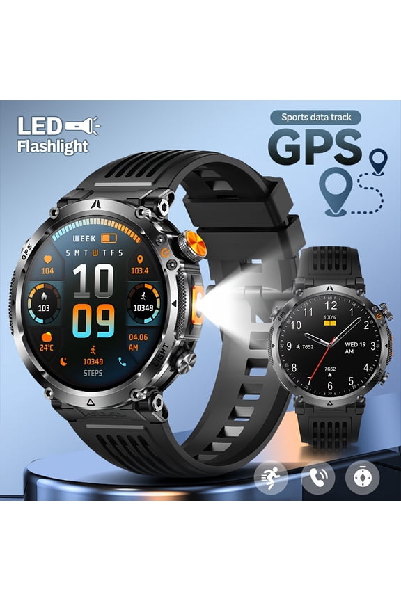 GPS Outdoor Smartwatch, 850mAh Battery, 1.7" 60Hz High Refresh Screen, Built-in GPS, Compass, LED Flashlight, 3ATM Waterproof, 100+ Sports Modes, Wireless Call & Voice Assistant