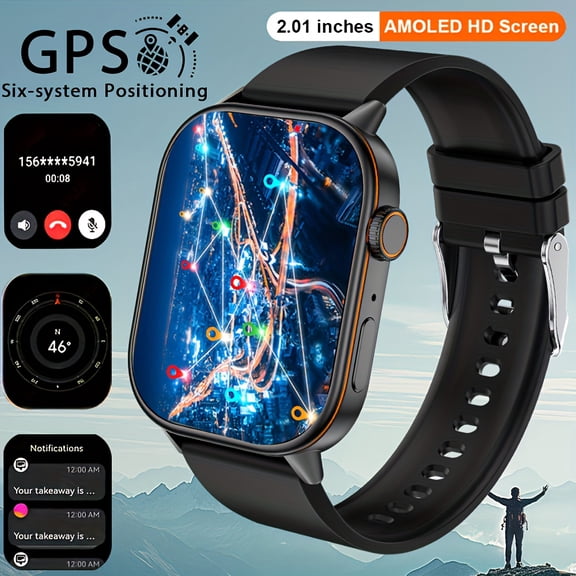 GPS Smart Watch, 2.01" HD Screen, 420mAh Battery, GPS, Compass, Wireless Call & SMS Alerts, 178 Sports Modes, Zinc Alloy, Silicone Strap, Unisex for Outdoor Enthusiasts