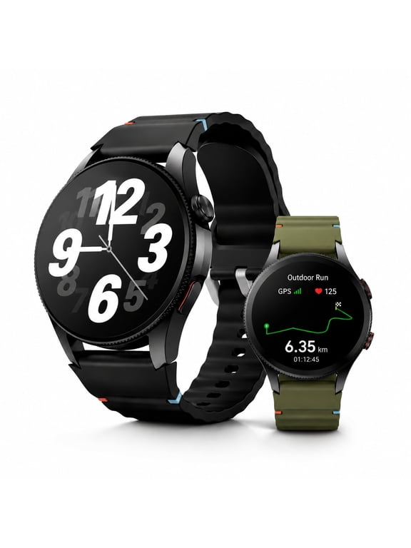 Military GPS Smart Watch for Men Women, 12-Day Battery 1.43" AMOLED Display Outdoor Smartwatch with Bluetooth Answer/Make Calls, Fitness Tracker with 150+ Sports Modes, 3ATM Waterproof, 2 Straps