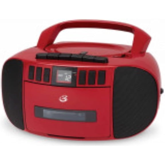 GPX BCA209R Portable AM/FM Boombox with CD Player, Cassette Player, AUX Input, LCD Display, AC/DC Power, Red