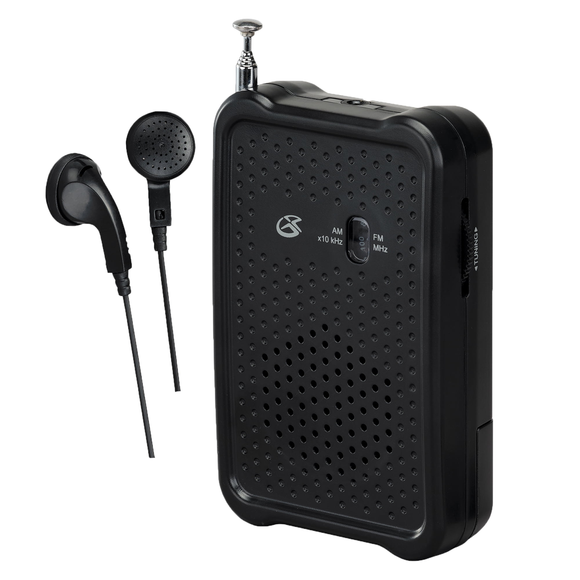 GPX Portable AM/FM Radio with Stereo Earbud Headphones, Black, R055B