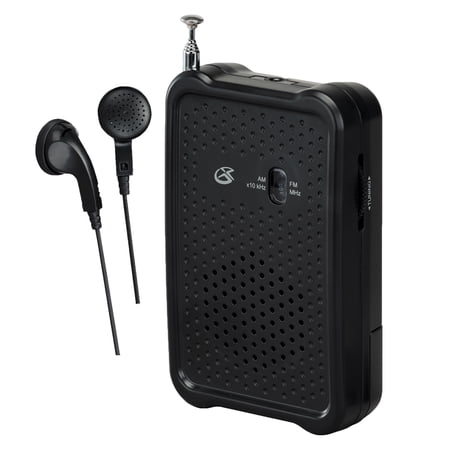 GPX Portable AM/FM Radio with Stereo Earbud Headphones, Black, R055B