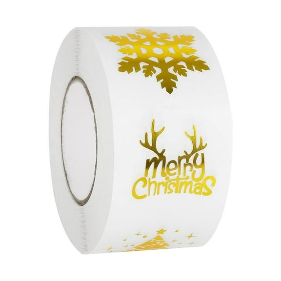 GQDIN 500 Pcs Christmas Labels - Gold Foil Design Round Stickers Roll 1 inch Merry Christmas Snowflake Presents Cards Tag Self Adhesive Decoration Envelope Seal Xmas Stickers