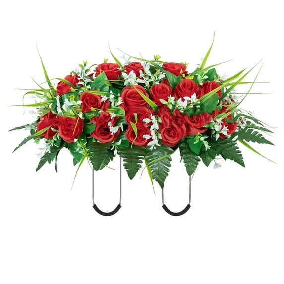 GQDIN Artificial Cemetery Flower Saddles, Rose Headstone Flower Saddle Outdoor Grave Decorations,Cemetery Memorial Flowers for Grave Tombstone Decorations (Blue with White, Saddle)