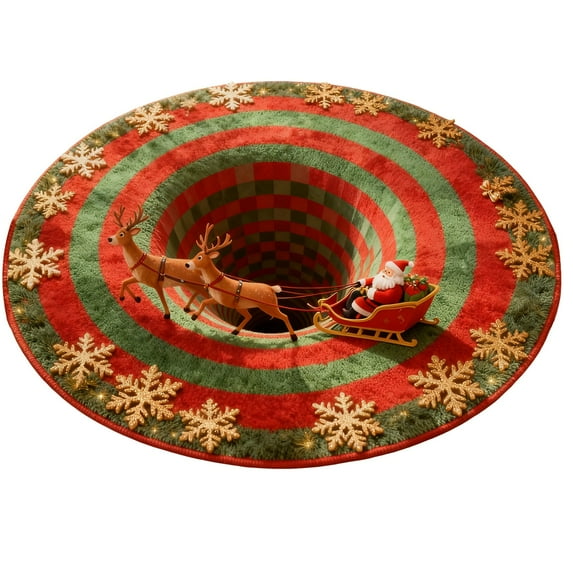 GQDIN Christmas 3D Rug - 3D Illusion Doormat, Funny Entryway Rug for Christmas Decoration Indoor Outdoor Halloween Welcome Bathroom Kitchen Floor mat for Xmas,Round