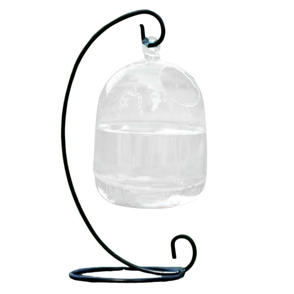 GQDIN Hanging Glass Fish Bowl Aquarium with Iron Stand - Desktop Water Garden for Betta Fish, Small Aquatic Plants, Home & Office Decor, Hand-Blown Crystal Clear Vase,6 x 4in