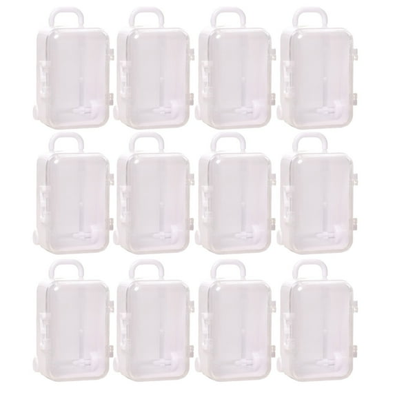GQDIN Mini Suitcase Favor Box 12pcs Mini Luggage Travel Suitcase Candy Box Clear Plastic Rolling Trolley Case Jewelry Storage Holder for Wedding Birthday (2.75" x 2")