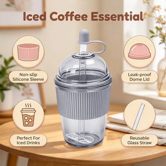 GQDIN Reusable Boba Cup with Dome Lid & Straw, Spill Resistant Tumbler ...