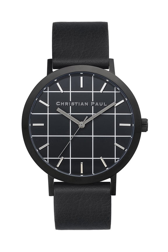 GR-01 Men's The Strand Grid White Accent Black Dial Black Leather Strap Watch