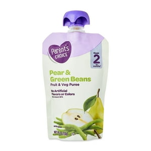 Comida para Bebé Etapa 2 de Parent's Choice, Puré de Pera y Ejotes, Bolsa de 4 oz