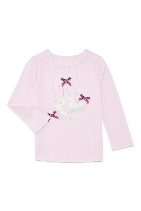 Toddler Girls Holiday Gathered Shoulder Tee with Long Sleeves, Sizes 18M-5T