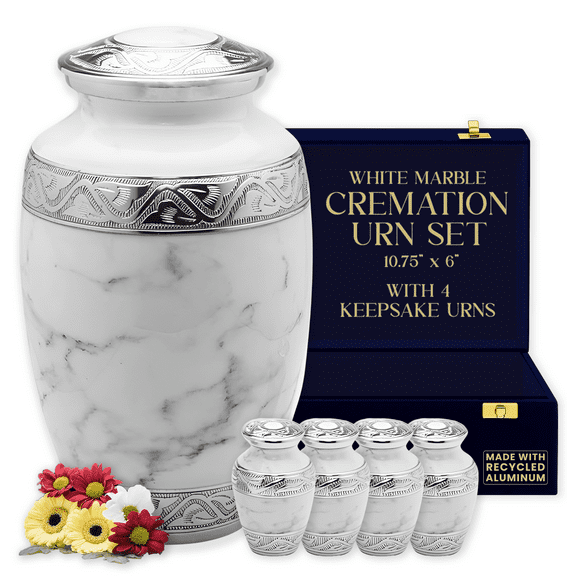 GR8 Keepsakes White Marble Cremation Urn Set with 4 Keepsake Urns for Human Ashes, Adult Size