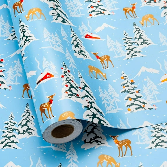 GRA Blue Christmas Wrapping Paper Roll with Trees, Deers and Snowfield Gift Wrap Design for Christmas, New Year Celebration, Holiday - Mini Roll - 17 Inch x 33 Feet