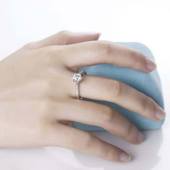 GRA Certified 1 Carat Round Moissanite Ring - 6 Prong Setting, Solid 925 Sterling Silver | VVS Quality Engagement Ring