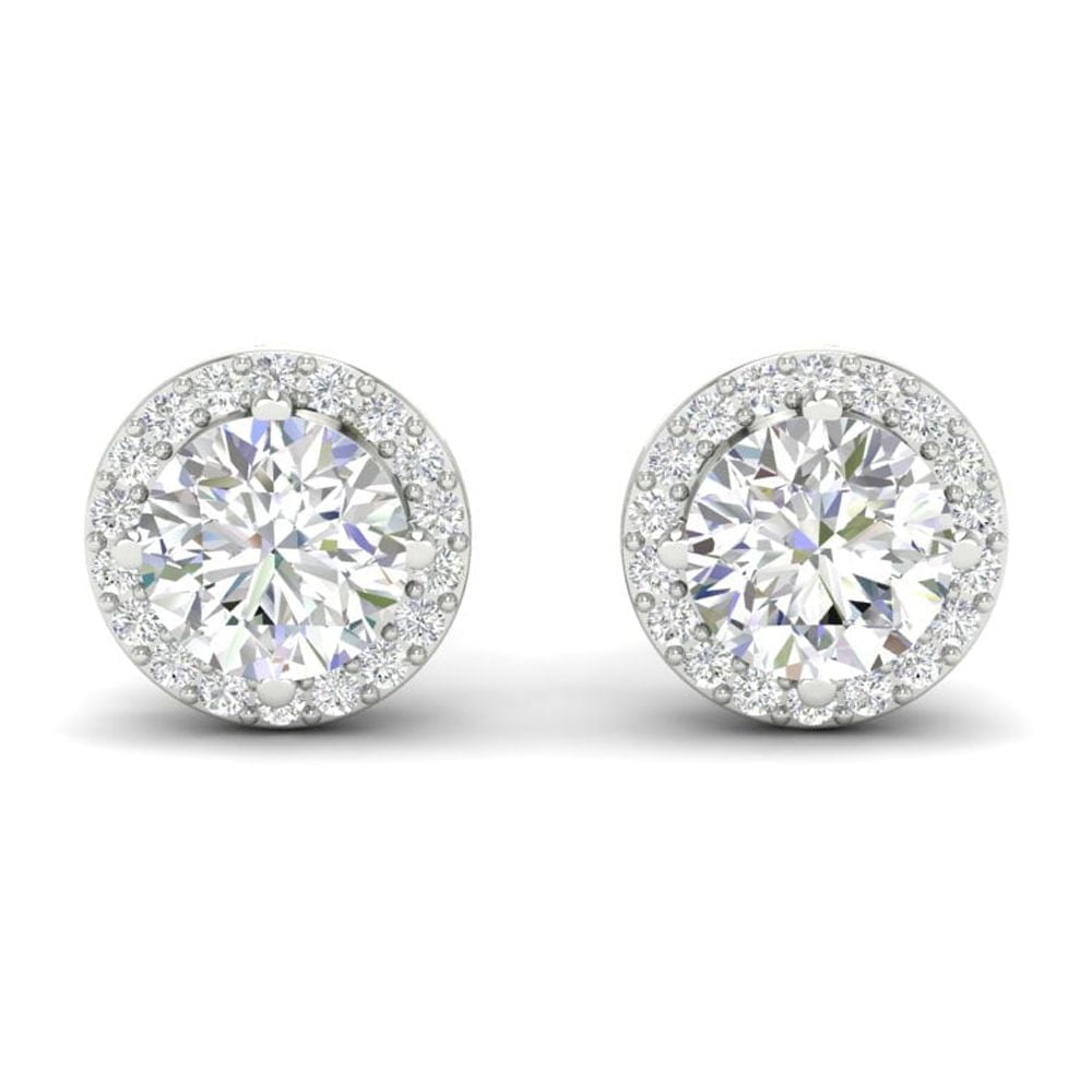 FOREVER JEWELS GRA Certified 3 Carat Round Cut D/VVS1 Natural Moissanite Halo Stud Earrings In 14K White Gold Plated Silver Push Back