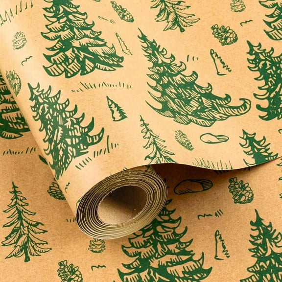 GRA Christmas Tree Wrapping Paper Roll - 46.8sq.ft. (17in x 33ft) Brown Kraft Paper with Painted Green Christmas Tree and Pine Cone, Perfect for Holiday, Party and New Year Celebration