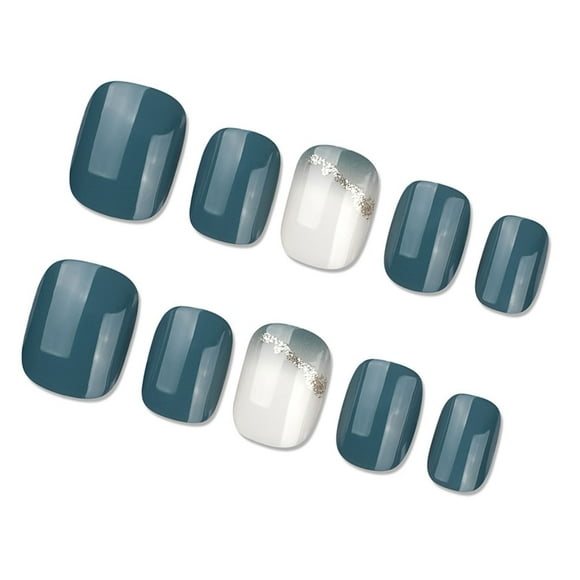 GRABLOOM 24pcs Short Square Sea Blue Color Press On Nail with Glittering Design for Women