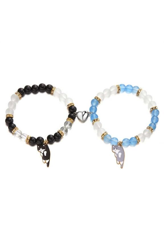 2Pcs Magnet Clasp Wristchain Cats Pendant Beaded Bracelet Stylish Couple Jewelry