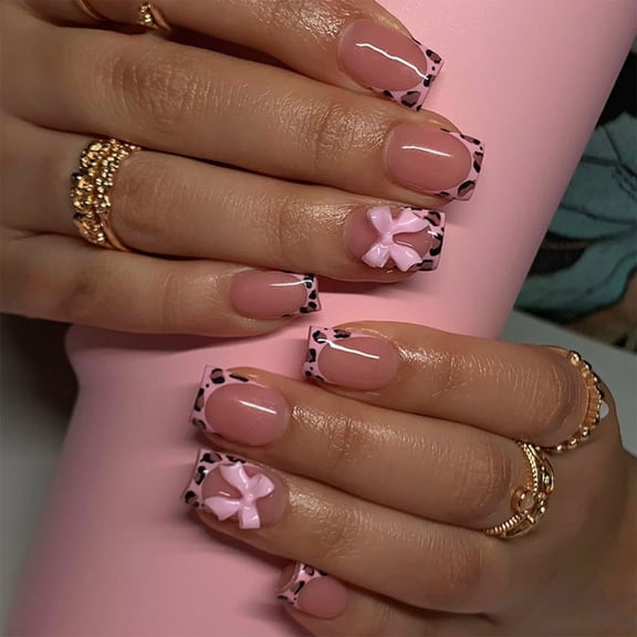 GRABLOOM Bows False Nail Leopard French Tip Press On Nail Full Cover Stick on Nail