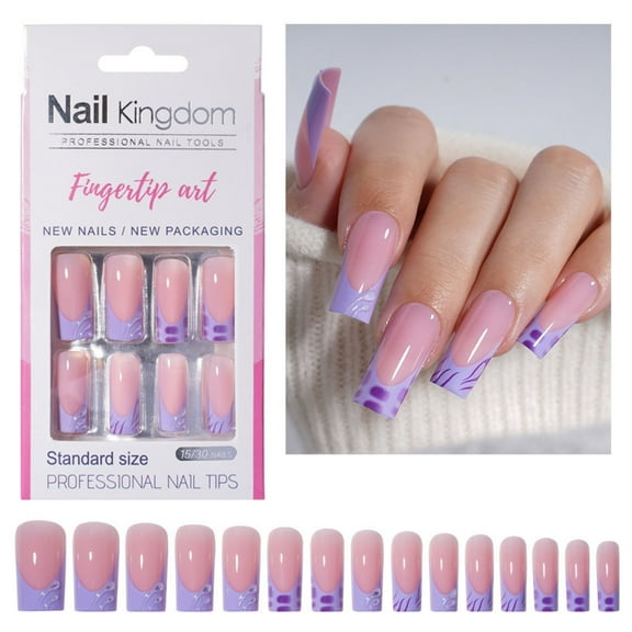 GRABLOOM Long Square French Tip Press On Nail 30pcs Full Cover Acrylic False Nail With Glossy Designs for Wedding Party Office