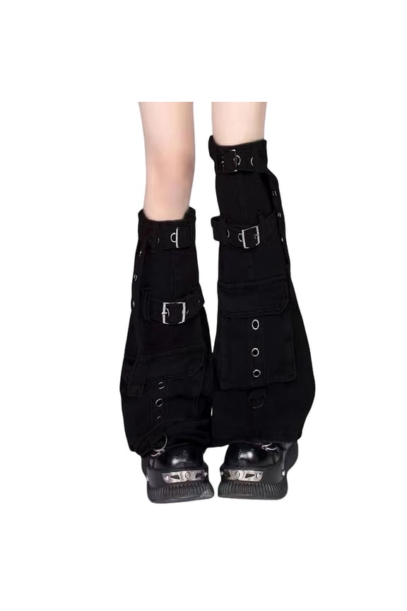 Women Punk Over Knee Leg Warmer with Buckled Straps Denims Flared Boot Covers