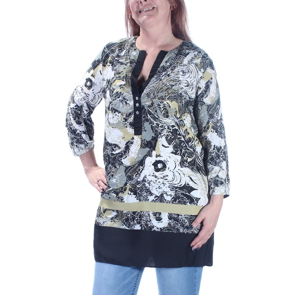 GRACE ELEMENTS Womens Green Printed Cuffed V Neck Tunic Casual Top L