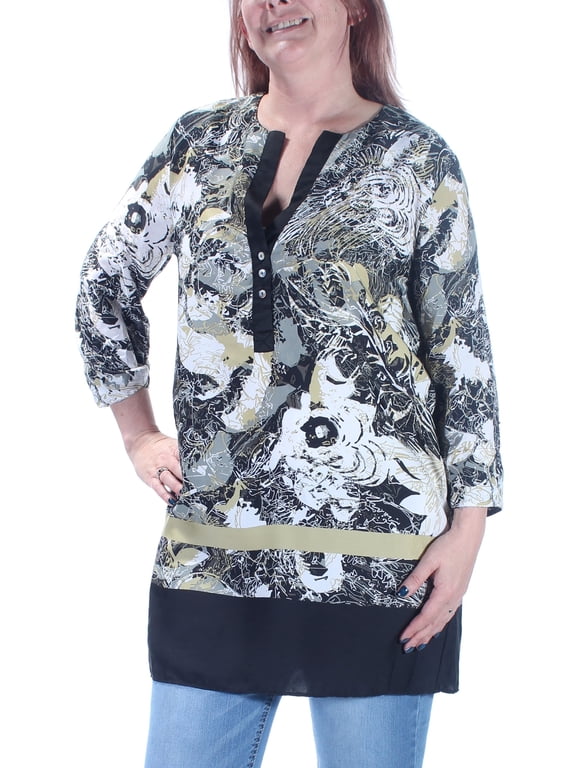 Womens Green Printed Cuffed V Neck Tunic Casual Top L