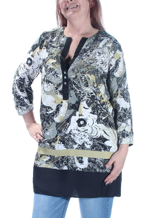 Womens Green Printed Cuffed V Neck Tunic Casual Top L