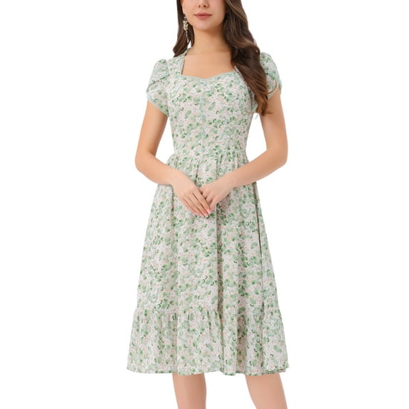 INSPIRE CHIC Women's Midi Dress Summer Square Neck Short Sleeve Boho Floral Dresses XL Green