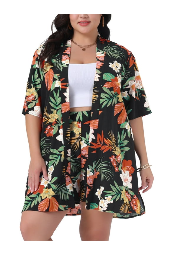 Women's Plus Size 2 Piece Floral Cardigan Tropical Print Summer Casual Kimono Tops and Shorts Outfit Sets 3X Black