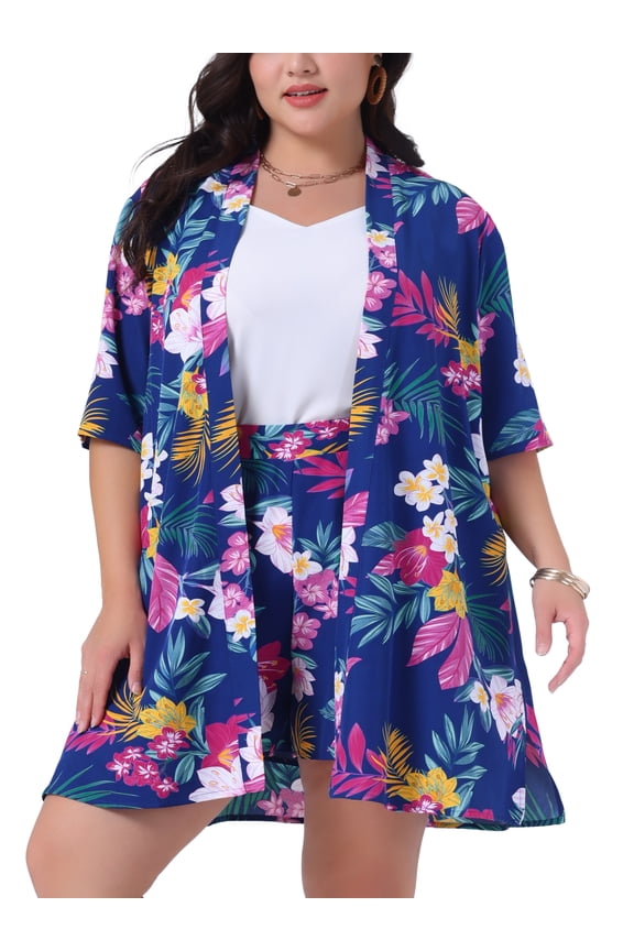 Women's Plus Size 2 Piece Floral Cardigan Tropical Print Summer Casual Kimono Tops and Shorts Outfit Sets 4X Dark Blue