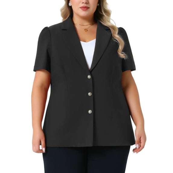 Agnes Orinda Women's Plus Size Blazers Single Breasted Notched Lapel Short Sleeve Office Jackets 1X Black