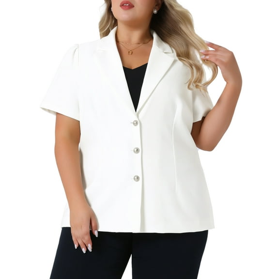 Agnes Orinda Women's Plus Size Blazers Single Breasted Notched Lapel Short Sleeve Office Jackets 1X White