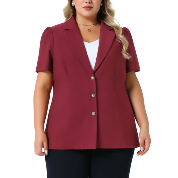 Agnes Orinda Women's Plus Size Blazers Single Breasted Notched Lapel Short Sleeve Office Jackets 4X Burgundy
