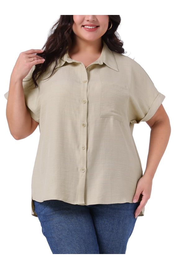 Women's Plus Size Button Down Shirts Lapel Rolled Short Sleeve Split Hem Summer Blouses Causal Tops with Pocket 4X Beige