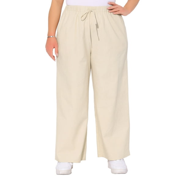 FAB CURVES Women's Plus Size Palazzo Pants Drawstring Elastic Waist Pockets Casual Wide Leg Trousers 1X Apricot