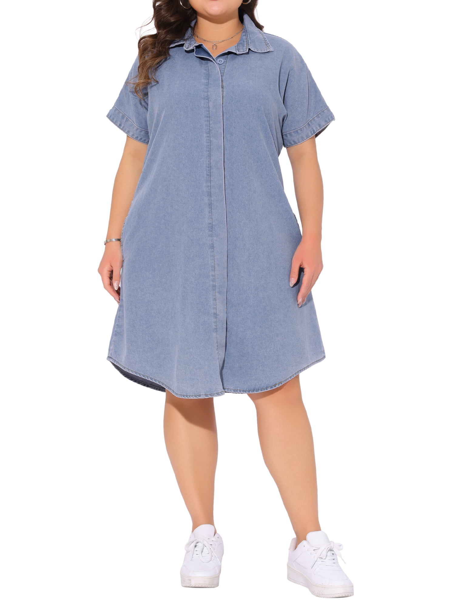 Agnes Orinda Women's Plus Size Jean Denim Dress Lapel Short Sleeve — free download