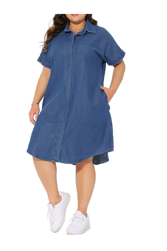Women's Plus Size Jean Denim Dress Lapel Short Sleeve Button Down Curved Hem Casual A Line Midi Dresses with Pockets 2X Blue