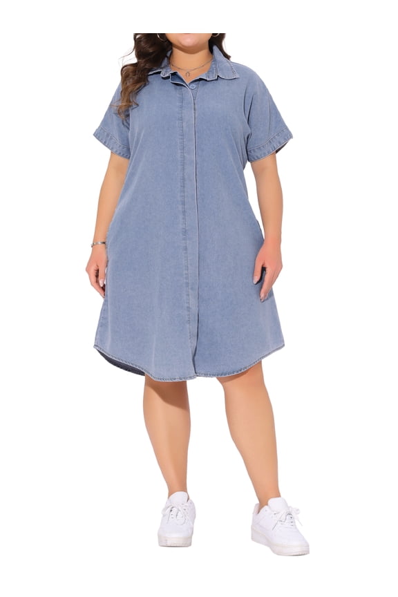 Women's Plus Size Jean Denim Dress Lapel Collar Short Sleeves Button Down Curved Hem Casual A Line Midi Dresses with Pockets 4X Light Blue