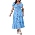 thumbnail image 1 of Agnes Orinda Women's Plus Size Easter Floral Dress Tie Square Neck Smocked Waist Short Sleeve Side Slit Beach A Line Maxi Dresses 1X Blue, 1 of 8