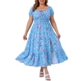 thumbnail image 1 of GRACE & GRANDEUR Women's Plus Size Floral Dress Tie Square Neck Smocked Waist Short Sleeve Side Slit Beach A Line Maxi Dresses 1X Blue, 1 of 8