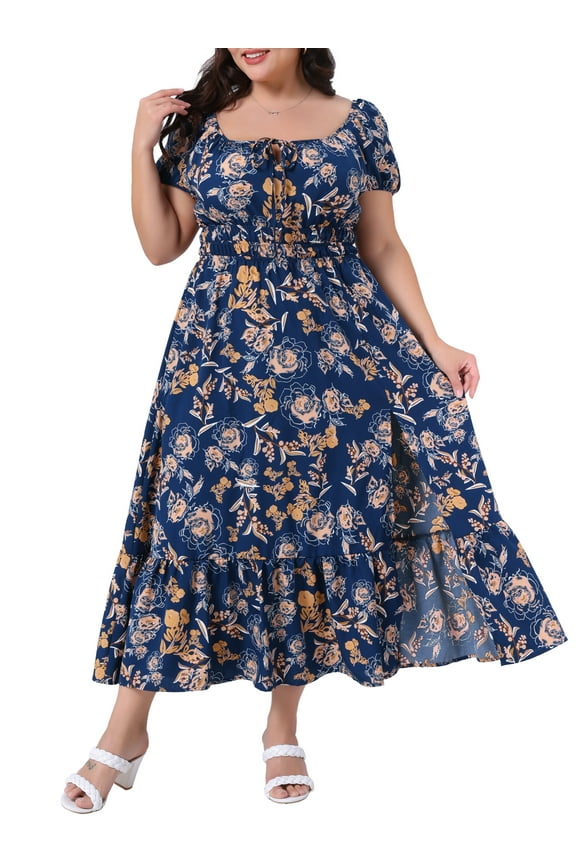 Women's Plus Size Floral Dress Tie Square Neck Smocked Waist Short Sleeve Side Slit Beach A Line Maxi Dresses 1X Navy Blue
