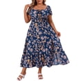 thumbnail image 1 of GRACE & GRANDEUR Women's Plus Size Floral Dress Tie Square Neck Smocked Waist Short Sleeve Side Slit Beach A Line Maxi Dresses 1X Navy Blue, 1 of 8