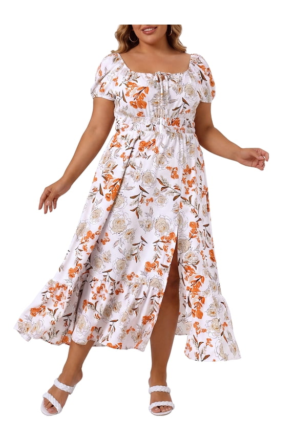 Women's Plus Size Floral Dress Tie Square Neck Smocked Waist Short Sleeve Side Slit Beach A Line Maxi Dresses 1X White