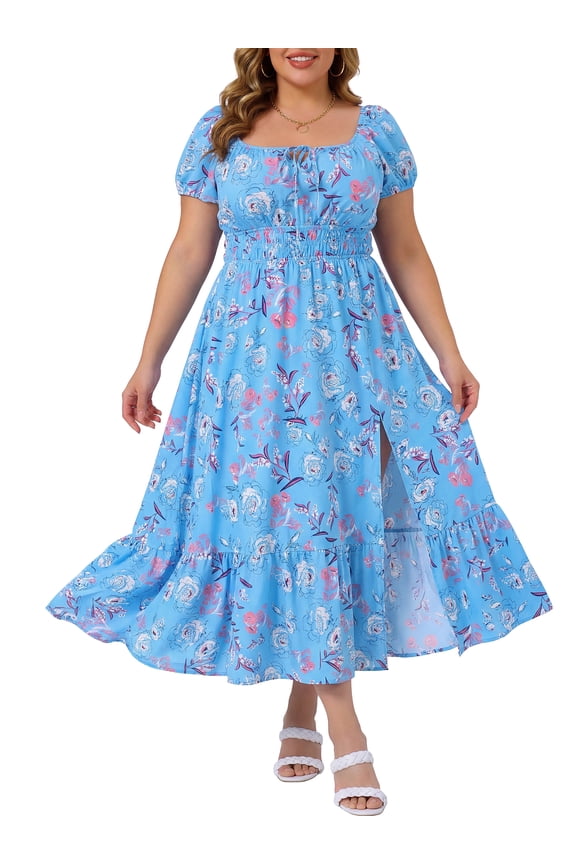 Women's Plus Size Floral Dress Tie Square Neck Smocked Waist Short Sleeve Side Slit Beach A Line Maxi Dresses 3X Blue